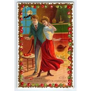 1909 Halloween Vintage Lithograph Postcard Dancing Couple Moon Bat Embossed